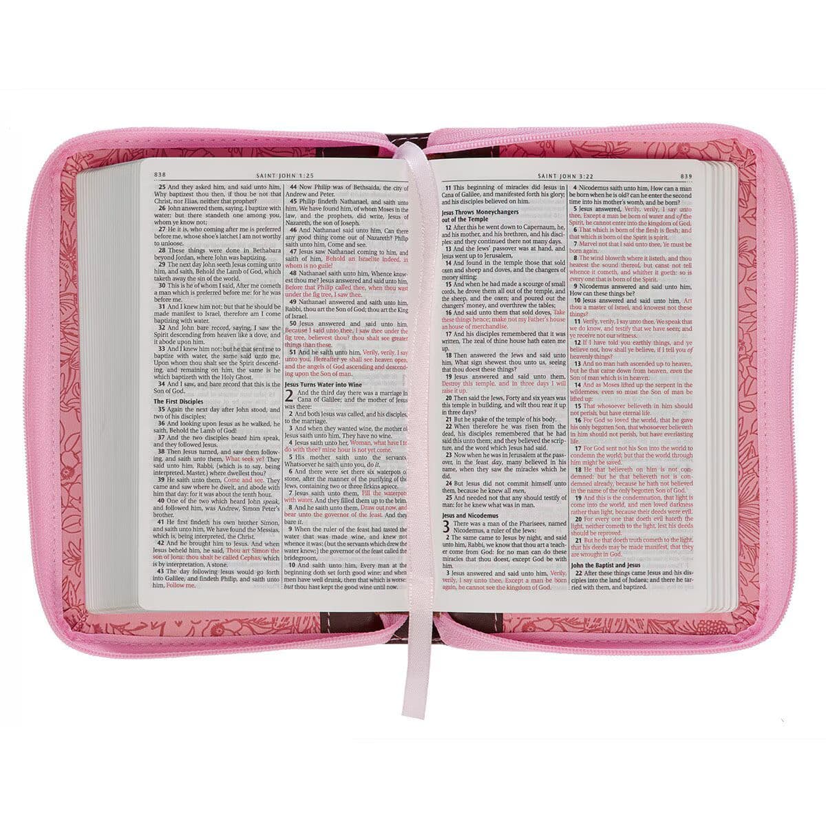 Pink and Saddle Tan Faux Leather Mini Pocket King James Version Bible with Zippered Closure, picture 6
