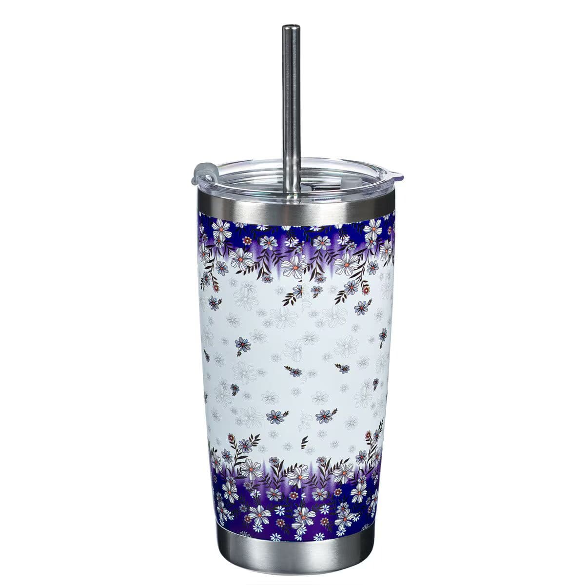 Be Still & Know - Psalm 46:10 Blue Floral Stainless Steel Travel Mug with Reusable Stainless Steel Straw, picture 2