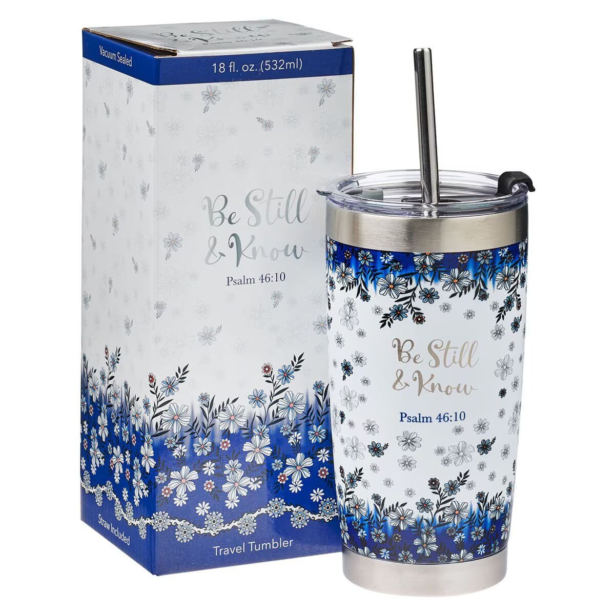 Be Still & Know - Psalm 46:10 Blue Floral Stainless Steel Travel Mug with Reusable Stainless Steel Straw, picture 3