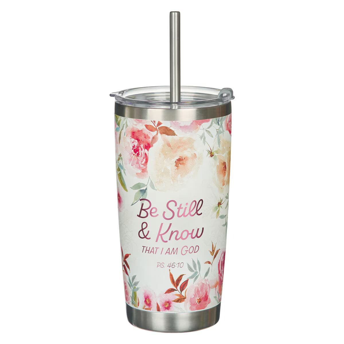 Be Still and Know - Psalm 46:10 Bright Floral Stainless Steel Travel Tumbler with Stainless Steel Straw