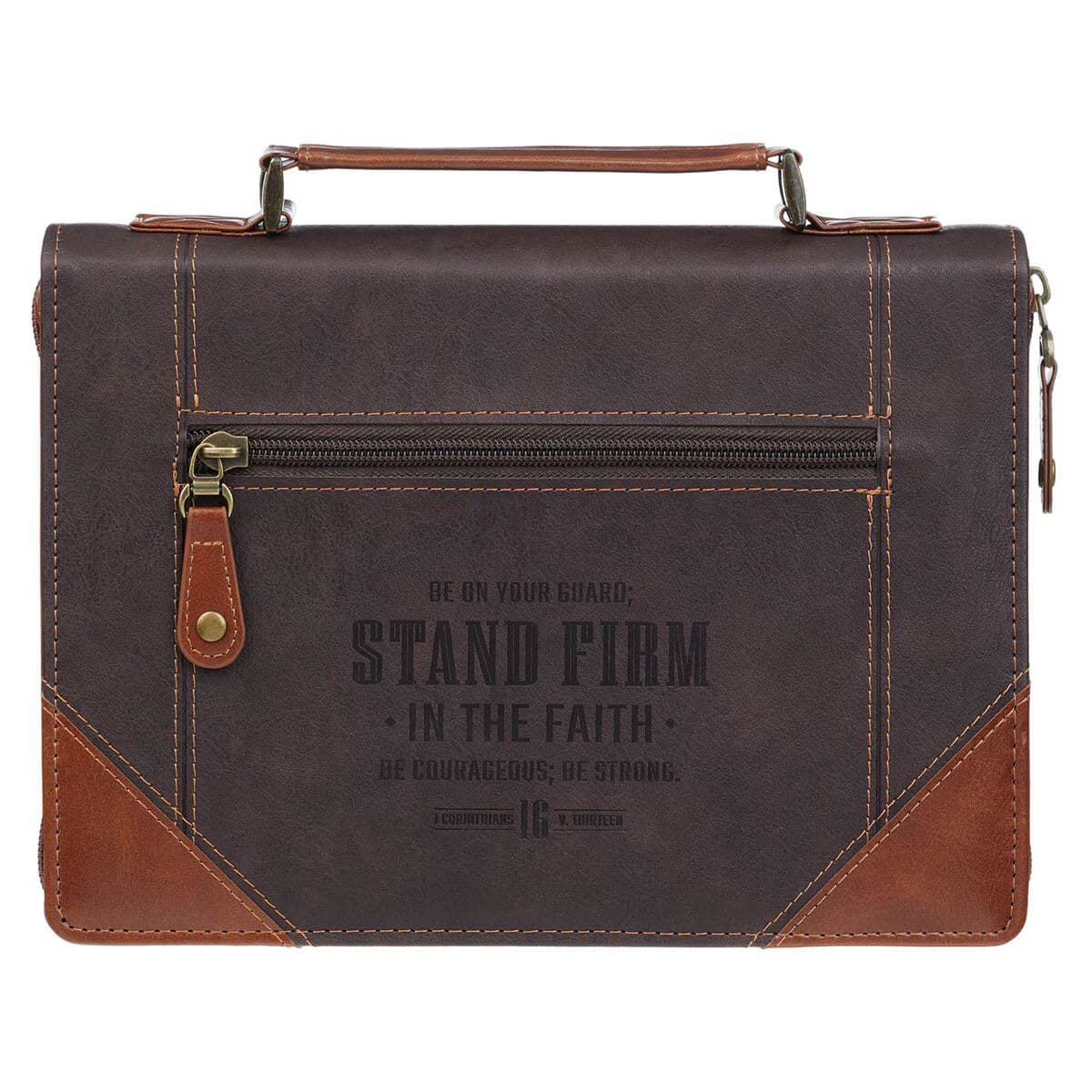 Stand Firm - 1 Corinthians 16:13 Espresso and Honey-brown Faux Leather Classic Bible Case (Large)