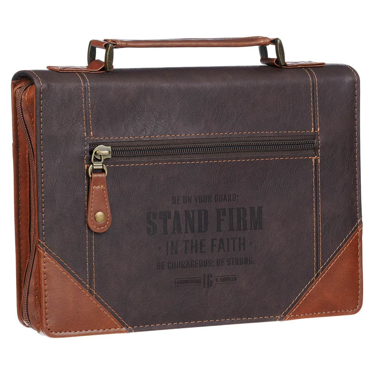 Stand Firm - 1 Corinthians 16:13 Espresso and Honey-brown Faux Leather Classic Bible Case (Large), picture 3
