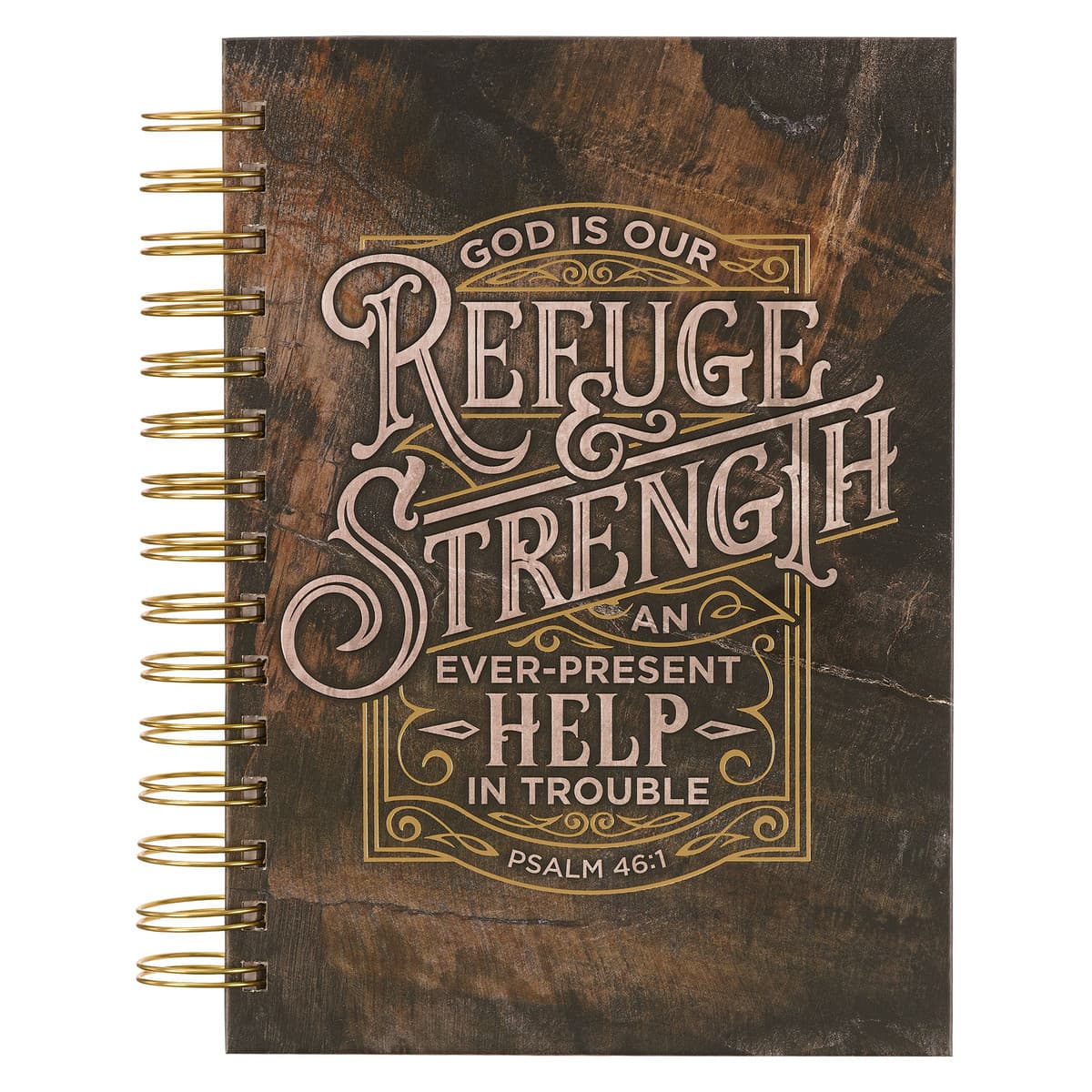 Refuge and Strength - Psalm 46:1 Brown and Black Woodgrain Wirebound Journal