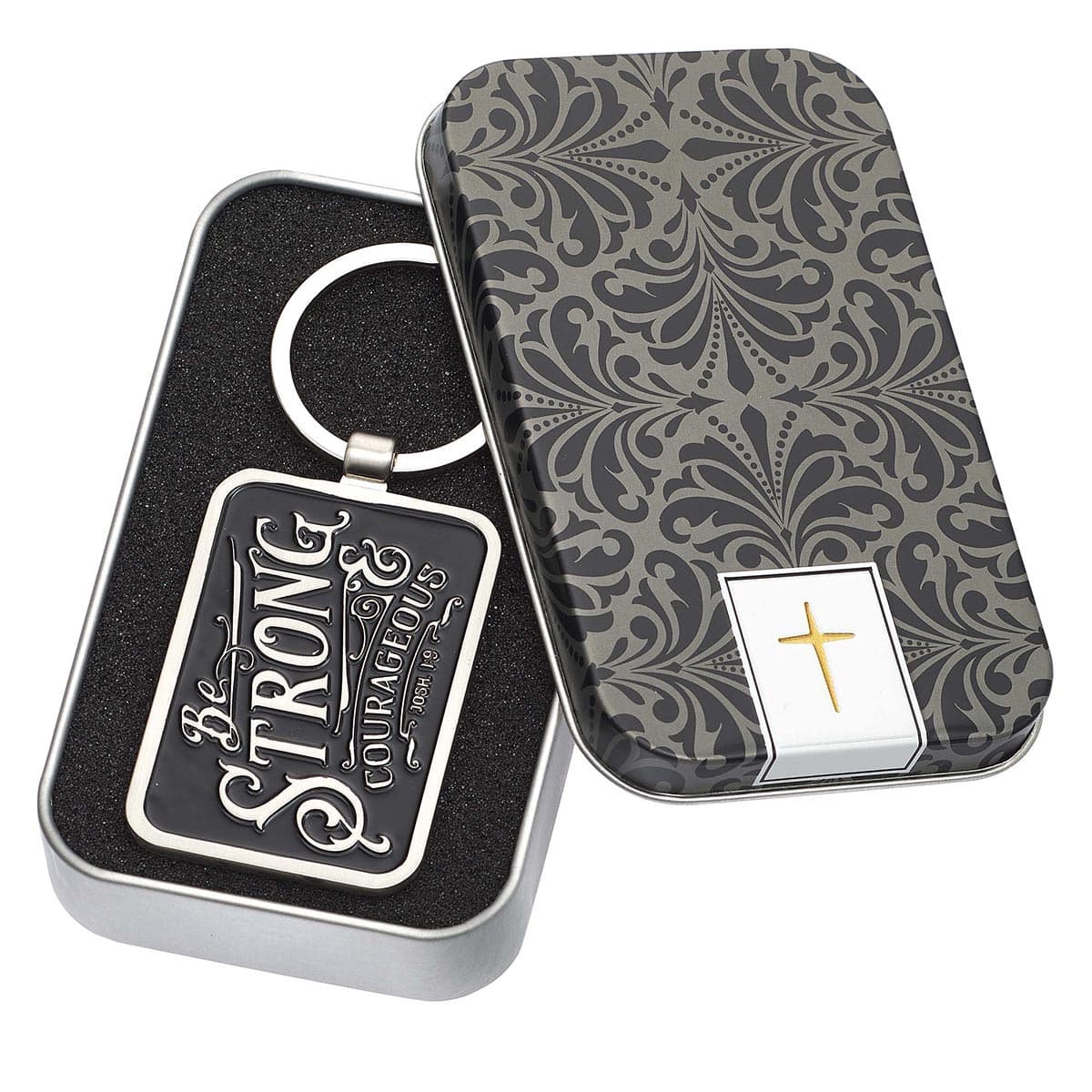 Be Strong & Courageous - Joshua 1:9 Black Metal Key Ring in Gift Tin, picture 3