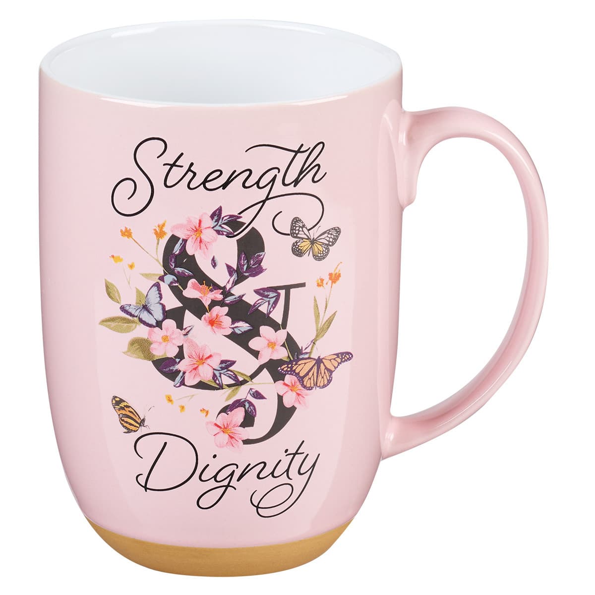 Strength and Dignity - Proverbs 31:25 Pink Butterfly Garden Ceramic Coffee Mug with Exposed Clay Base
