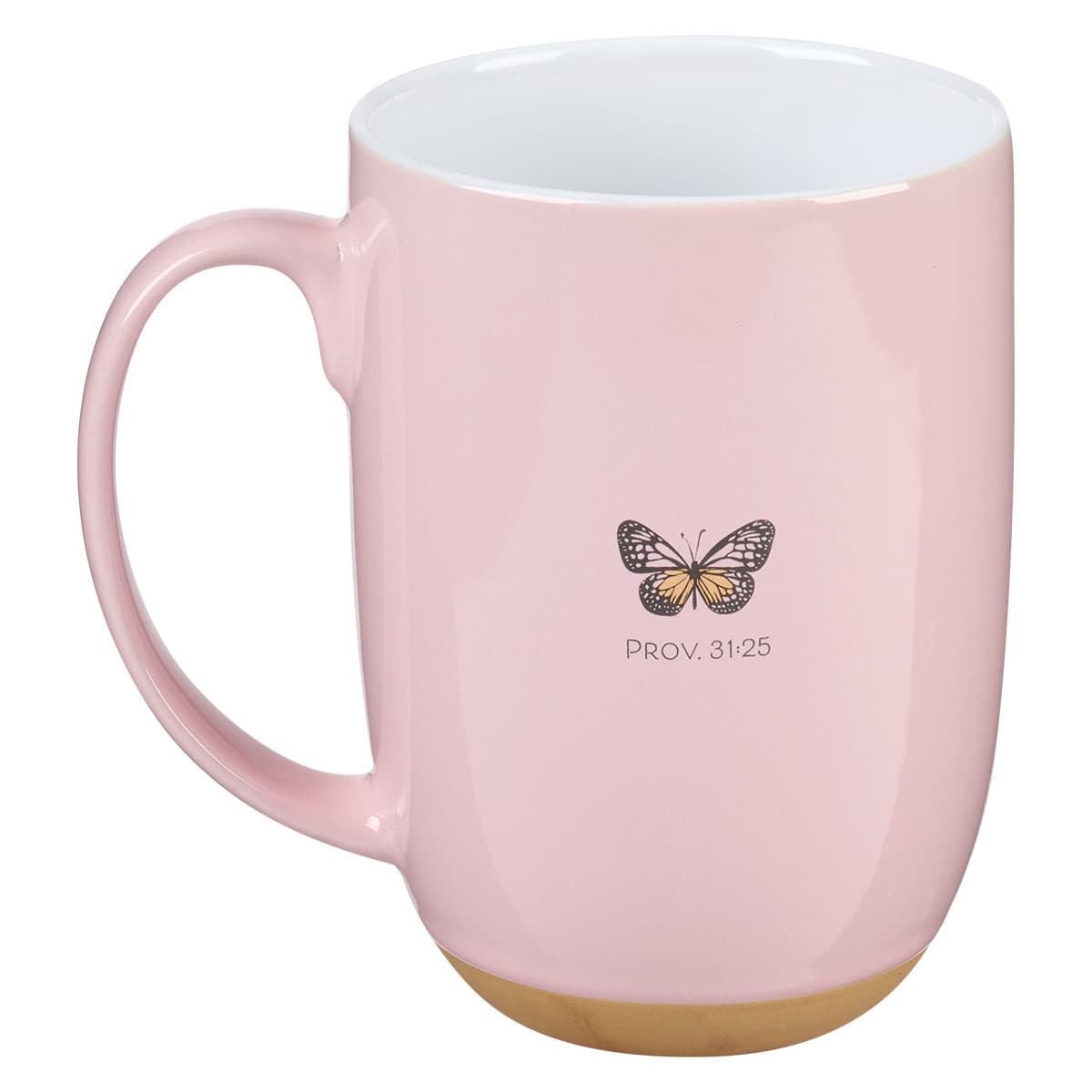 Strength and Dignity - Proverbs 31:25 Pink Butterfly Garden Ceramic Coffee Mug with Exposed Clay Base, picture 2