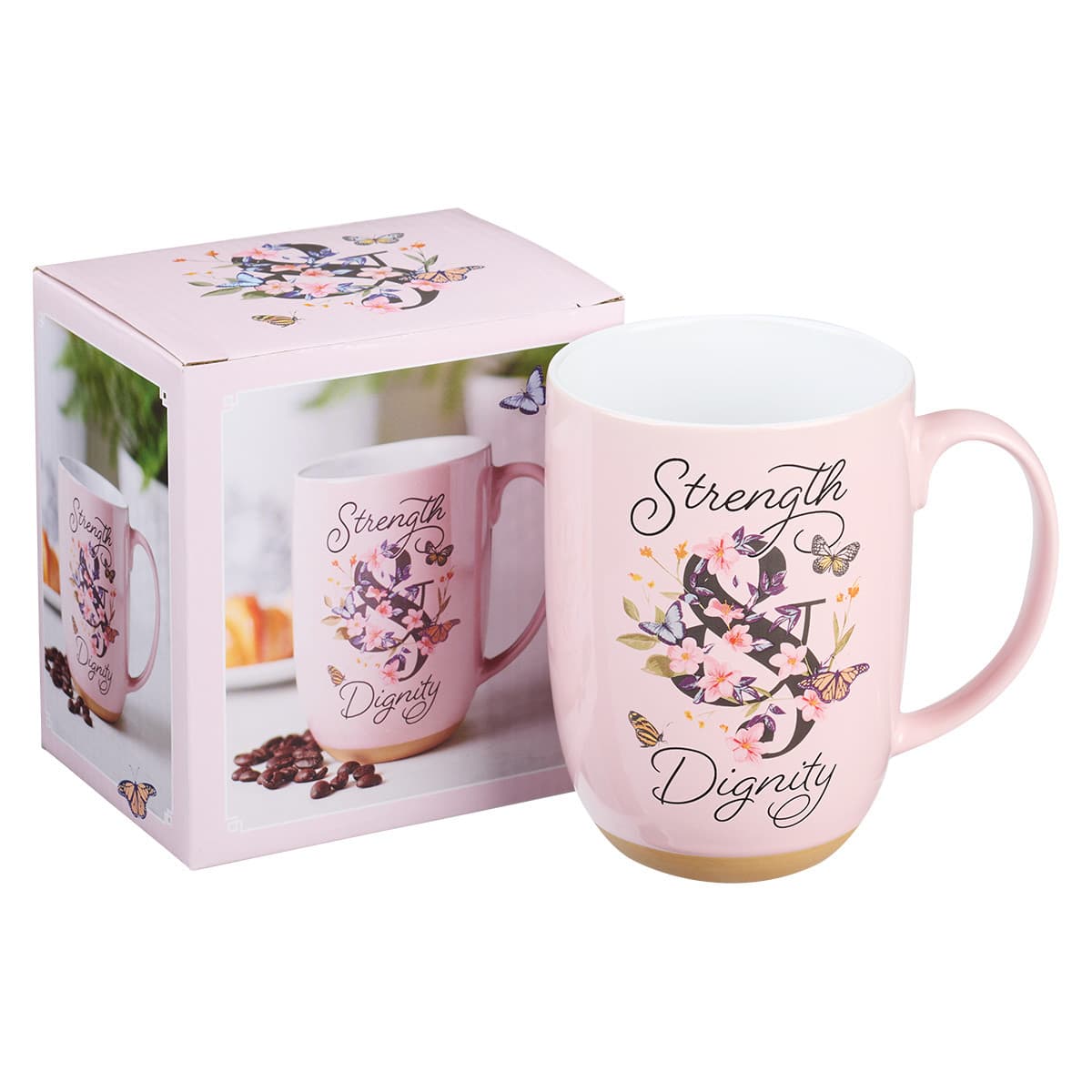 Strength and Dignity - Proverbs 31:25 Pink Butterfly Garden Ceramic Coffee Mug with Exposed Clay Base, picture 3