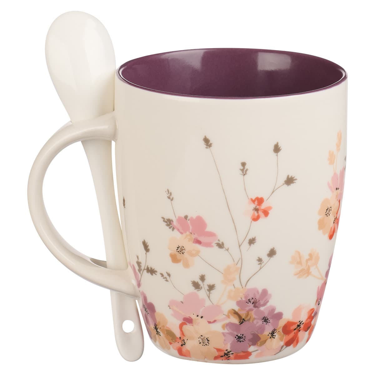 Be Still & Know - Psalm 46:10 Purple Floral Ceramic Coffee Mug with Spoon, picture 2