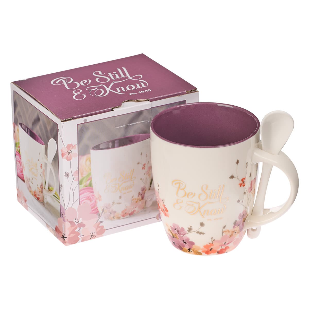 Be Still & Know - Psalm 46:10 Purple Floral Ceramic Coffee Mug with Spoon, picture 3