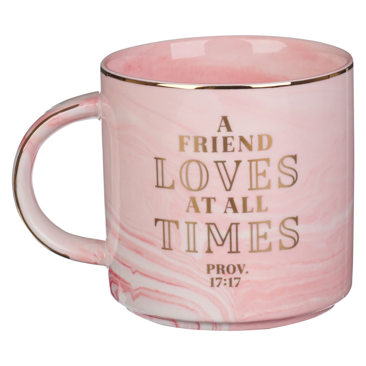 A Friend Loves At All Times - Proverbs 17:17 Pink Marbled Ceramic Coffee Mug, picture 2