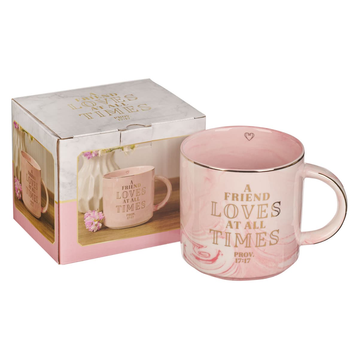 A Friend Loves At All Times - Proverbs 17:17 Pink Marbled Ceramic Coffee Mug, picture 3