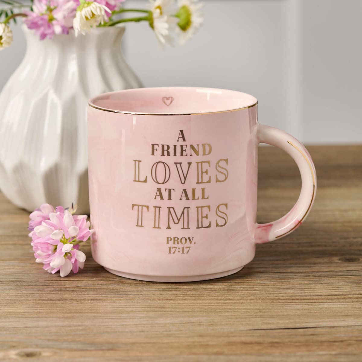 A Friend Loves At All Times - Proverbs 17:17 Pink Marbled Ceramic Coffee Mug, picture 4