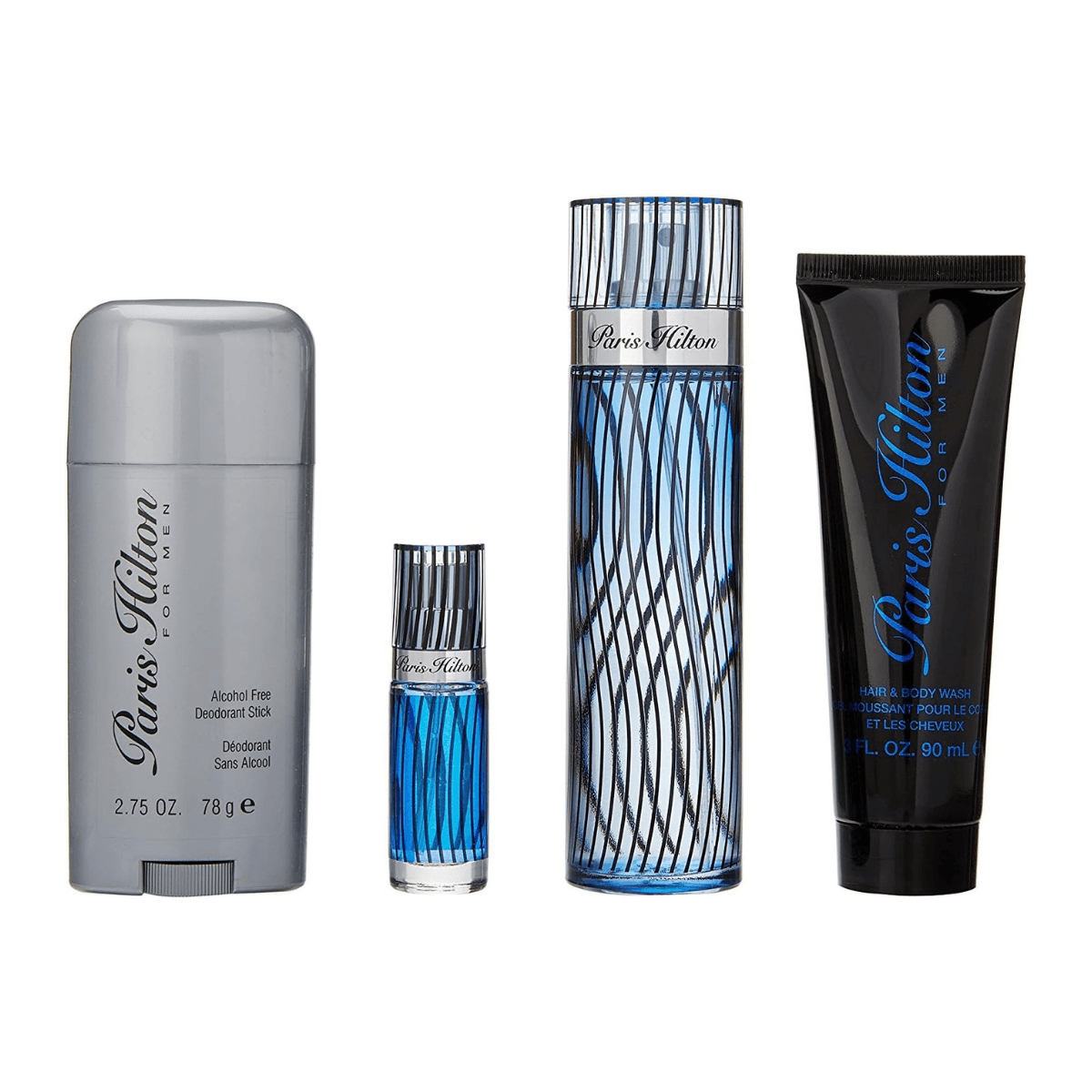 Paris Hilton for Men 4 Pc Gift Set 3.4oz Edt Spray, 3oz Hair and Body Wash, 2.75oz Alcohol Free Deodorant Stick, 0.25oz Edt Spray