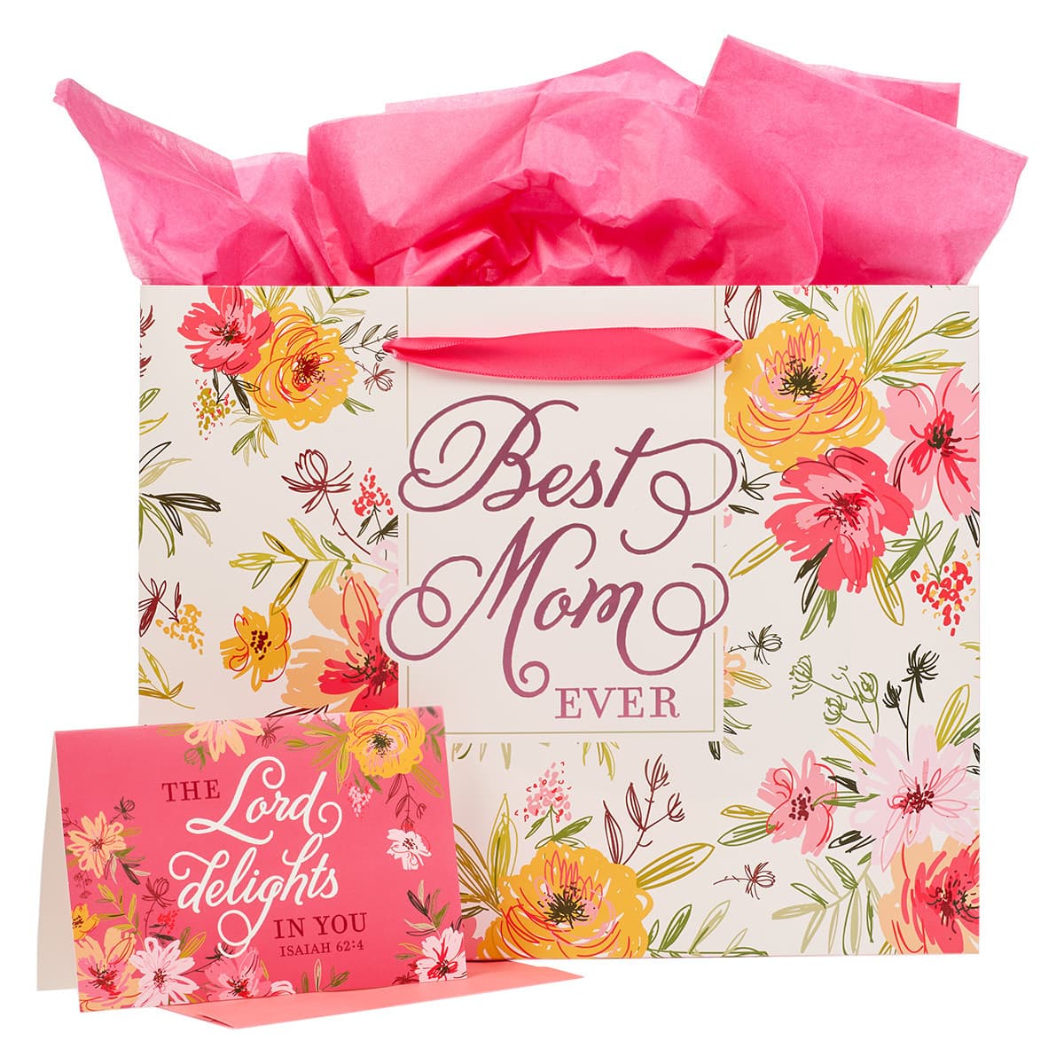 Best Mom Ever - Isaiah 62:4 Pink Floral Large Gift Bag with Card