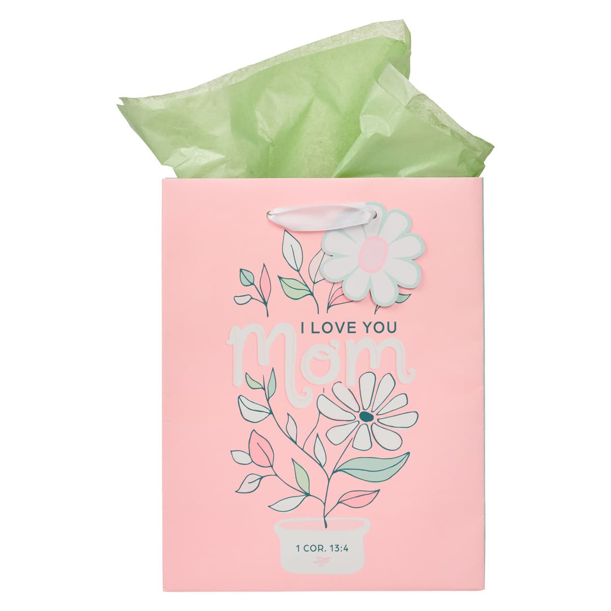 I Love You Mom - 1 Corinthians 13:4 Pink and White Daisy Medium Gift Bag