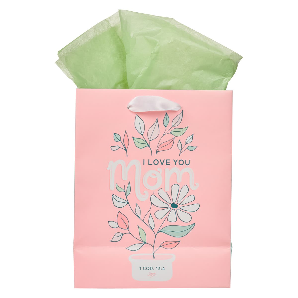 I Love You Mom - 1 Corinthians 13:4 Pink and White Daisy Medium Gift Bag, picture 2