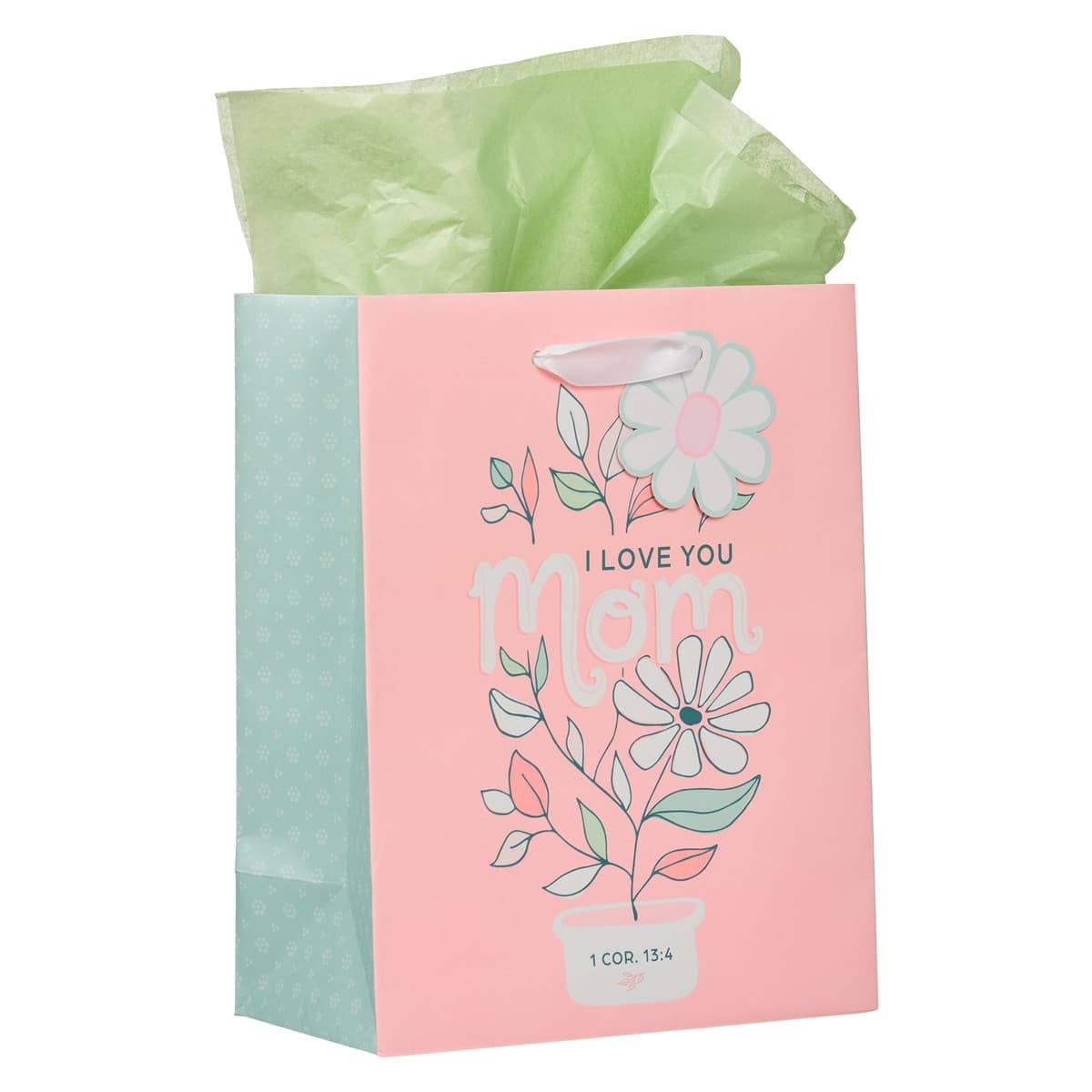 I Love You Mom - 1 Corinthians 13:4 Pink and White Daisy Medium Gift Bag, picture 3