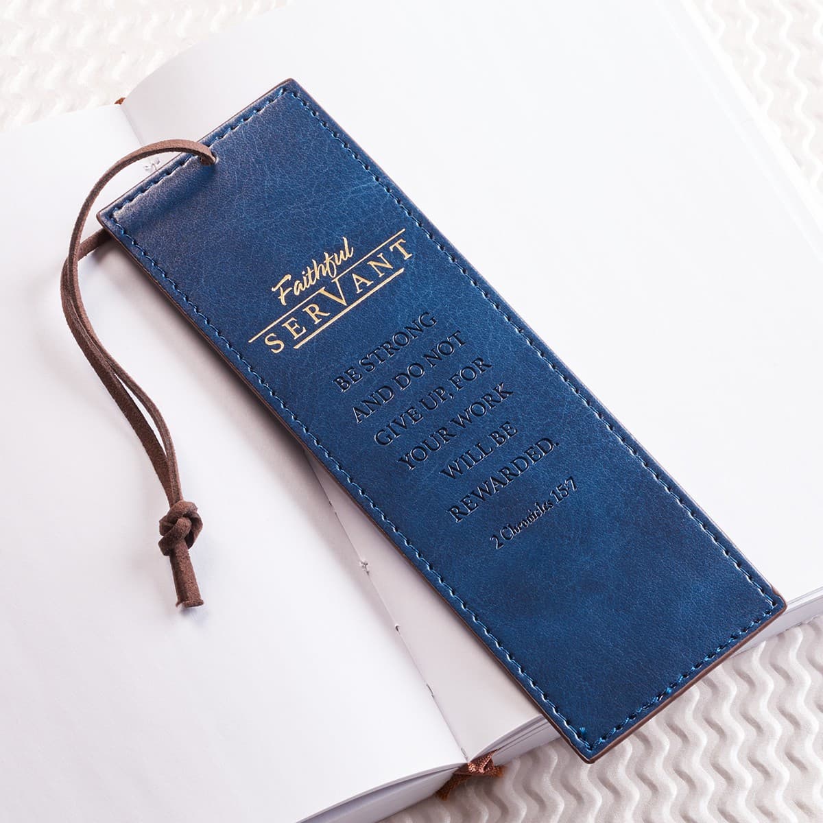 Faithful Servant - 2 Chronicles 15:7 Blue Faux Leather Bookmark, picture 3
