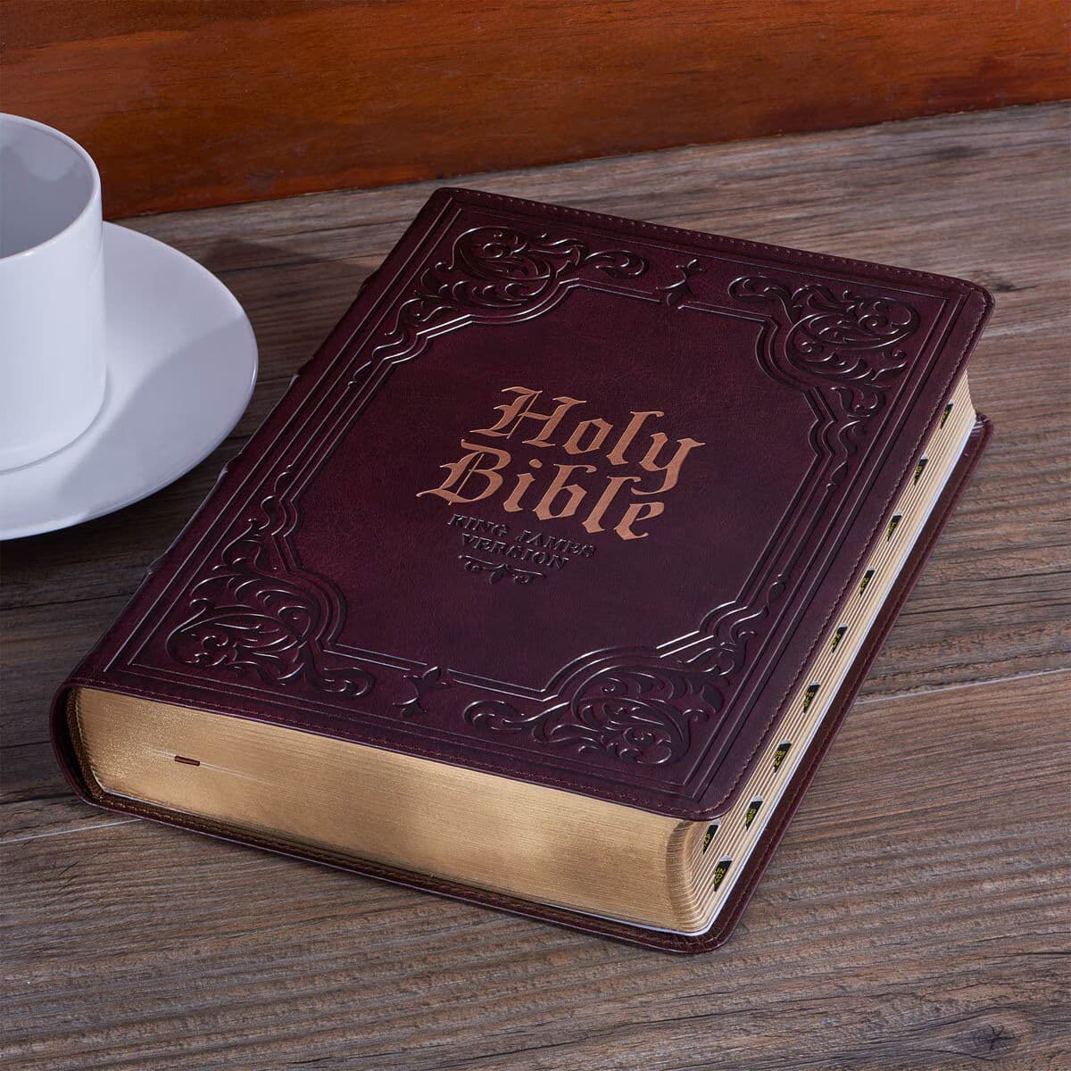 Antiqued Dark Brown Faux Leather Giant Print Full-size King James Version Bible with Thumb Index, picture 10