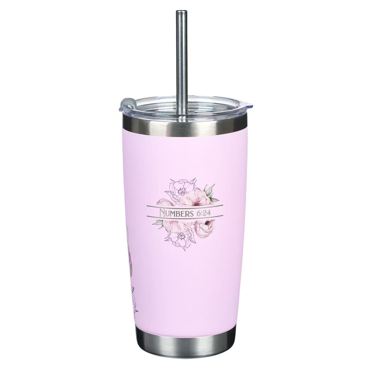 Bless You and Keep You - Numbers 6:24 Pink Floral Stainless Steel Travel Tumbler with Stainless Steel Straw, picture 2