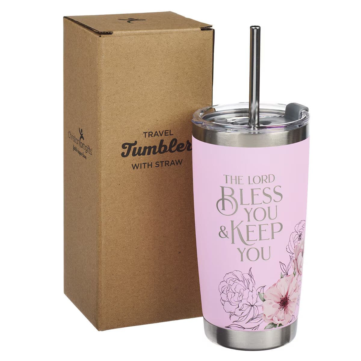 Bless You and Keep You - Numbers 6:24 Pink Floral Stainless Steel Travel Tumbler with Stainless Steel Straw, picture 3