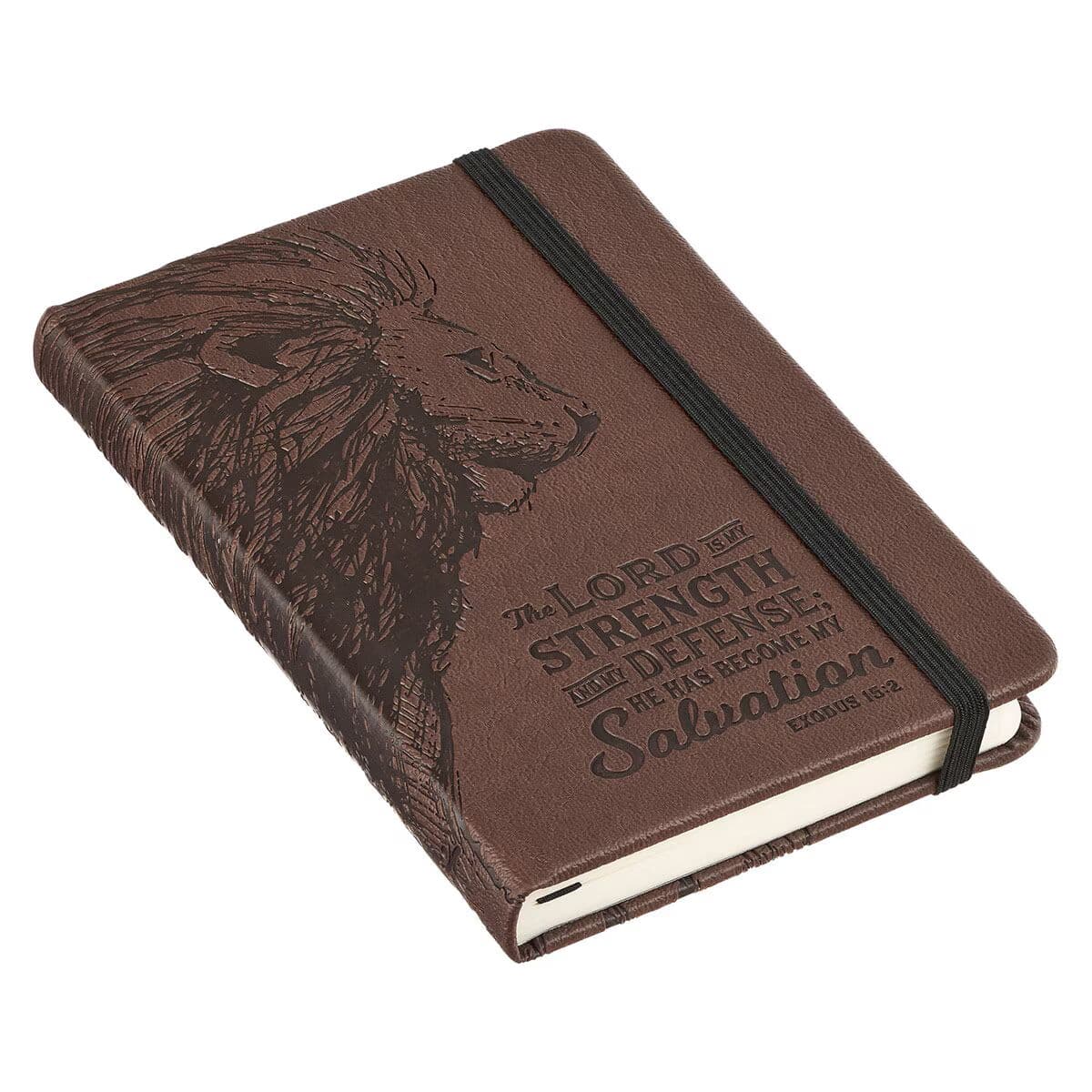 Strength and Defense - Exodus 15:2 Lion Walnut-Brown Faux Leather Hardcover Notebook with Elastic Band Closure, picture 3
