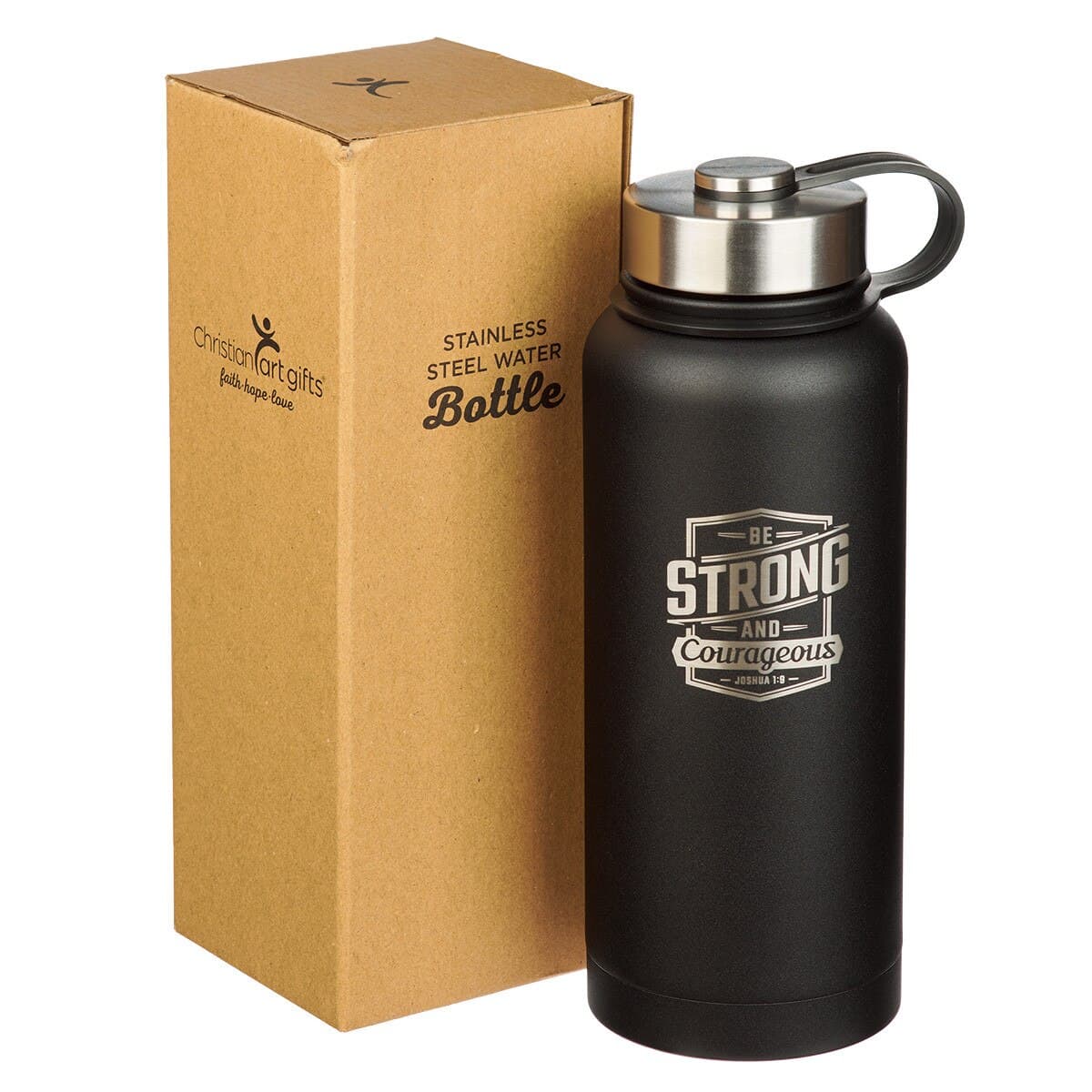 Strong and Courageous - Joshua 1:9 Black Stainless Steel Water Bottle, picture 3