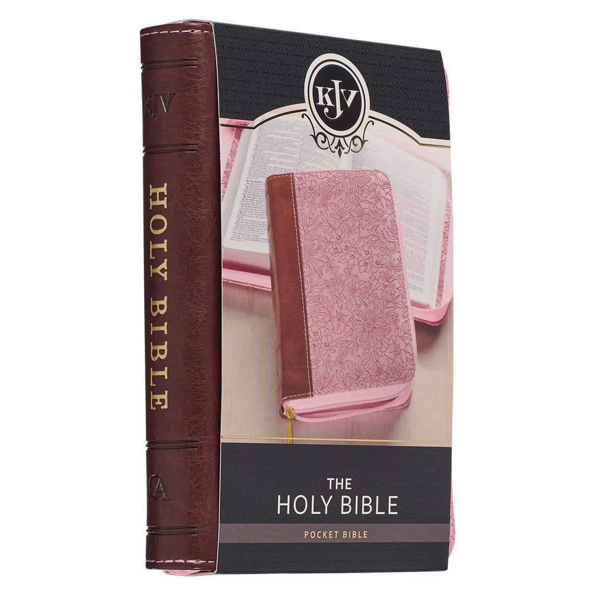 Pink and Saddle Tan Faux Leather Mini Pocket King James Version Bible with Zippered Closure, picture 9
