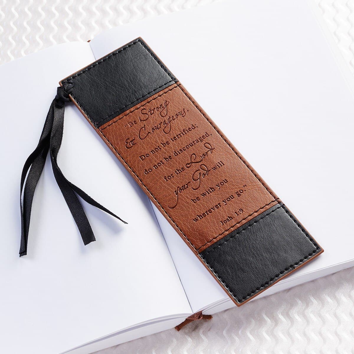 Strong & Courageous - Joshua 1:9 Black and Tan Faux Leather Bookmark, picture 2